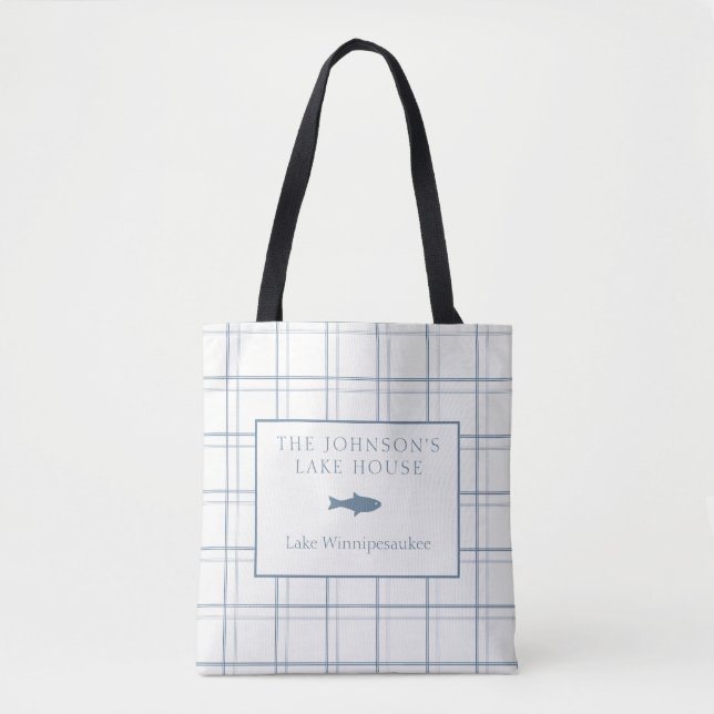 Classic Customisable Plaid Lake House Blue Fish Tote Bag (Front)