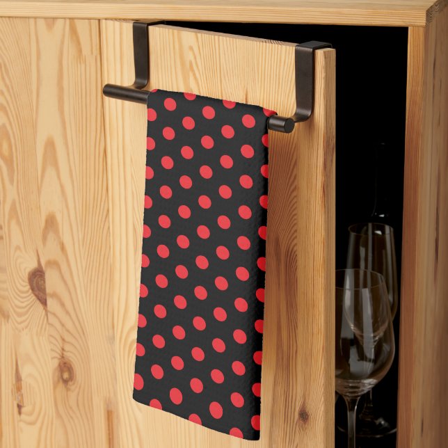 Classic Cute Chic Retro Red Polka Dots on Black Tea Towel (Thirds Fold)