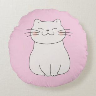 Classic Cute Chic Simple White Cat Drawing on Pink Round Cushion