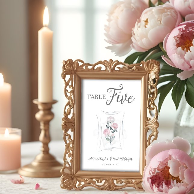 Classic Cute Floral Peonies Bunch in Grey & Pink Table Number (Classic Cute Watercolor Effect Floral Peonies Bunch in Gray & Pink Wedding Table Number Card. )