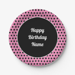 Classic Cute Happy Birthday Polka Dot Pink Paper Plate