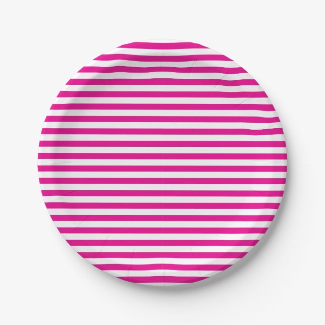 Classic Cute Magenta Hot Pink and White Striped Paper Plate (Front)