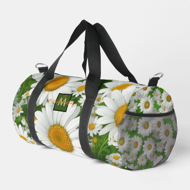 Classic daisy pattern white floral fields greenery duffle bag (Right Corner)