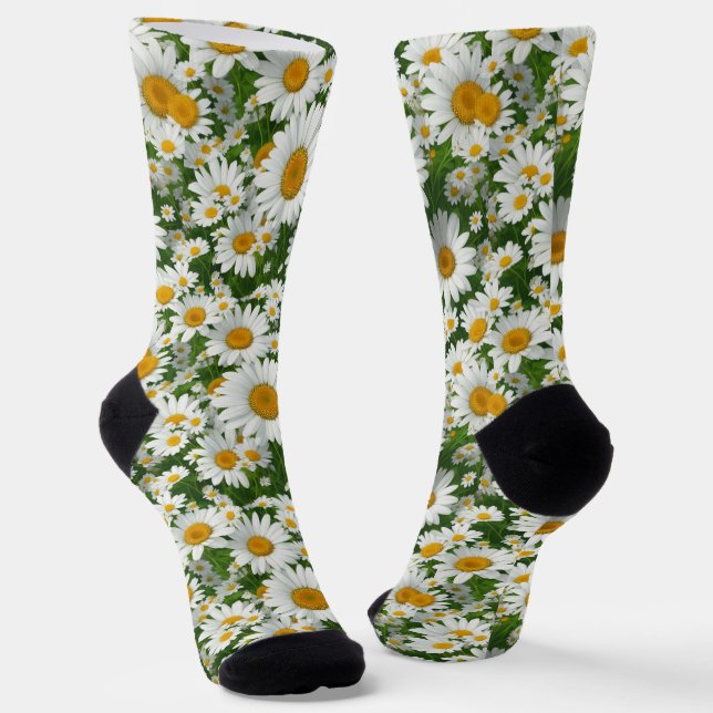 Classic daisy pattern white floral fields greenery socks (Angled)