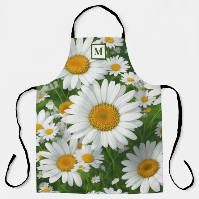 Classic daisy pattern white floral monogram apron (Front)