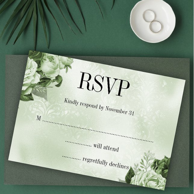 Classic Damask and Rose Bouquet Green Wedding RSVP Card (Creator Uploaded)