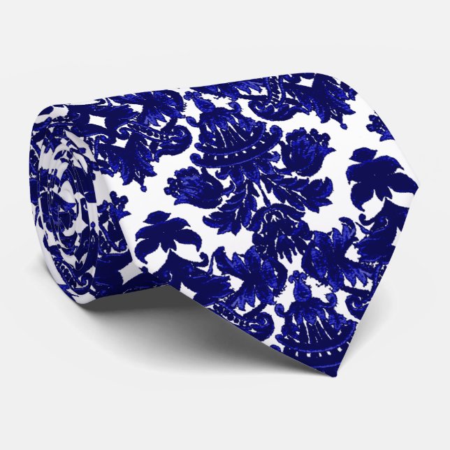 Classic Damask Blue Tie (Rolled)