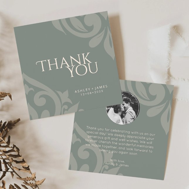 Classic Damask Elegant Earthy Olive Photo Wedding  Thank You Card (Creator Uploaded)