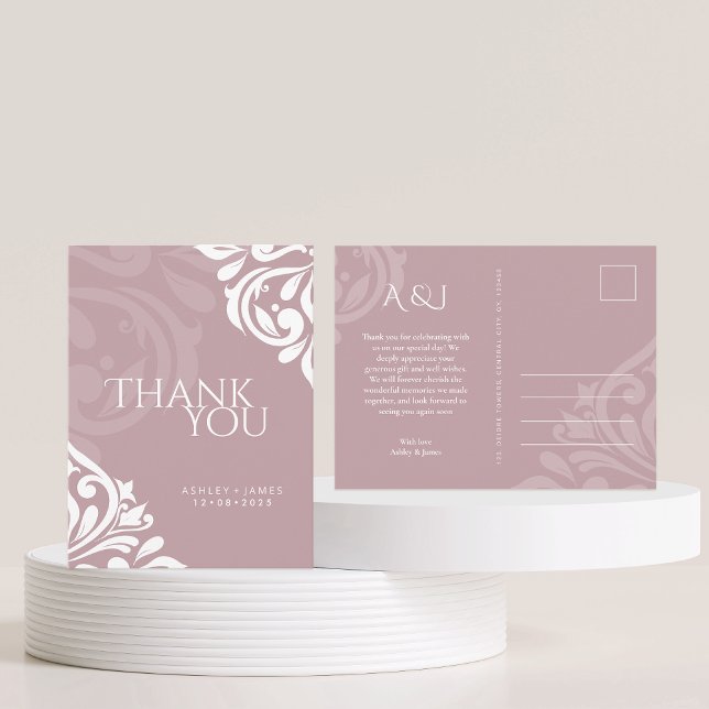 Classic Damask Elegant Pale Pink Wedding Thank You Postcard (Creator Uploaded)