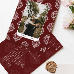 Classic Damask Elegant Script Valentines Day Card