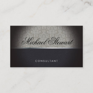 Classic Damask Pattern Black Leather Business Card