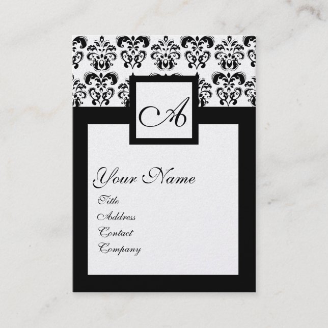 CLASSIC DAMASK SQUARE MONOGRAM Black White Pearl Business Card (Front)