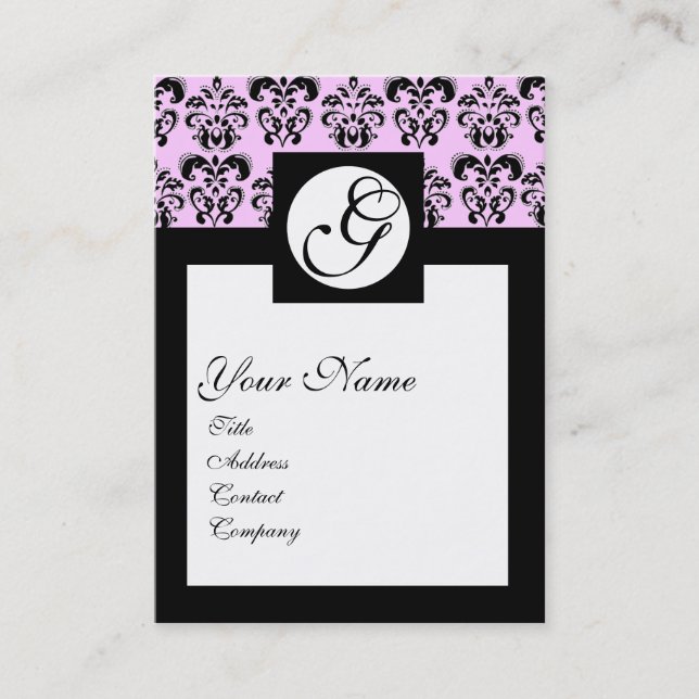 CLASSIC DAMASK SQUARE MONOGRAM ,Pink Business Card (Front)