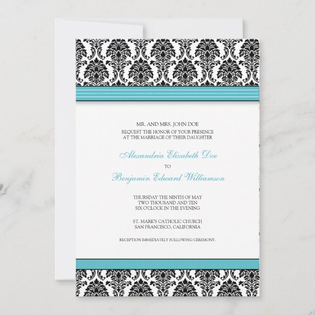 Classic Damask Wedding Invitation (aqua ribbons) (Front)