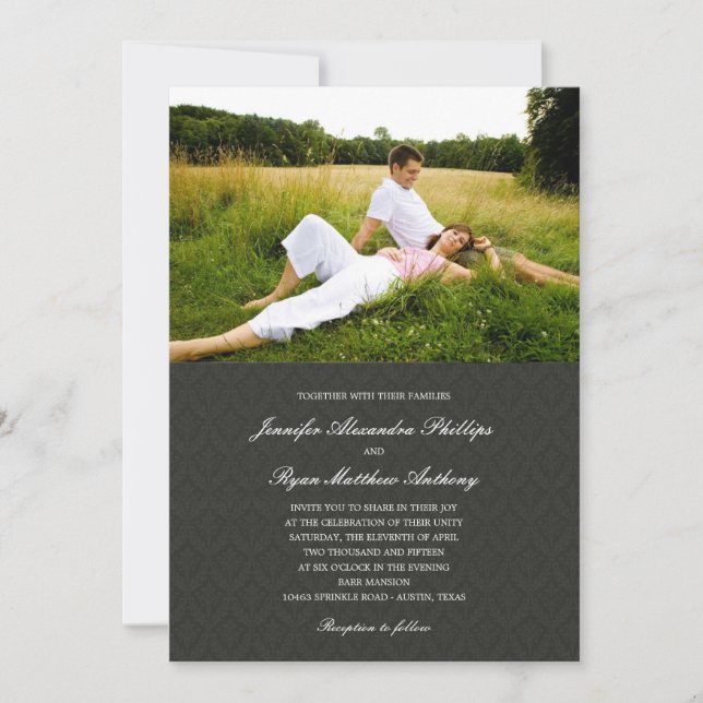 Classic Damask Wedding Photo Invitations - Black (Front)