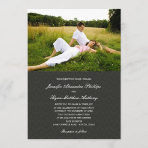 Classic Damask Wedding Photo Invitations - Black