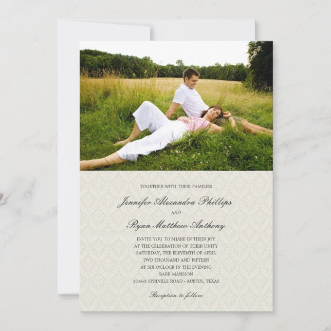 Classic Damask Wedding Photo Invitations - Cream (Front)