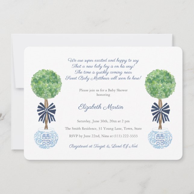 Classic Dark Blue And White Boy Baby Shower Party Invitation (Front)