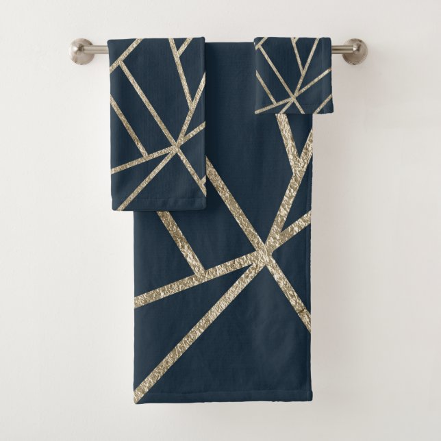 Classic Dark Blue Gold Geo #1 Bath Towel Set (Insitu)