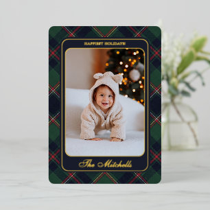 Classic Dark Blue Red Green Plaid Pattern Gold Foil Holiday Card