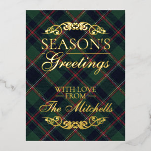 Classic Dark Blue Red Green Plaid Pattern Gold Foil Holiday Postcard