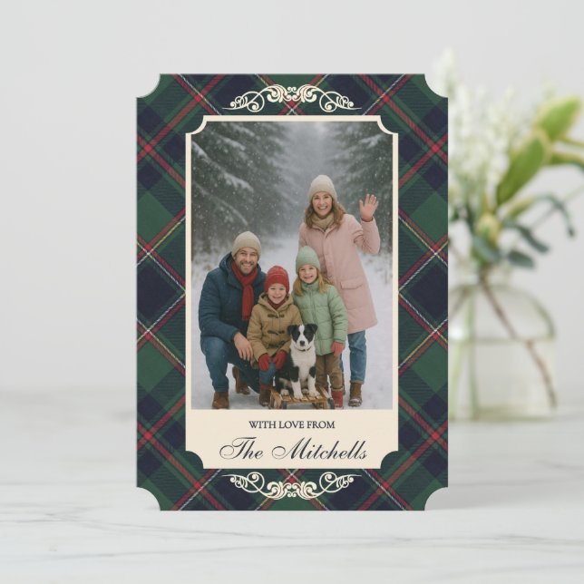 Classic Dark Blue Red Green Plaid Pattern Holiday Card (Standing Front)