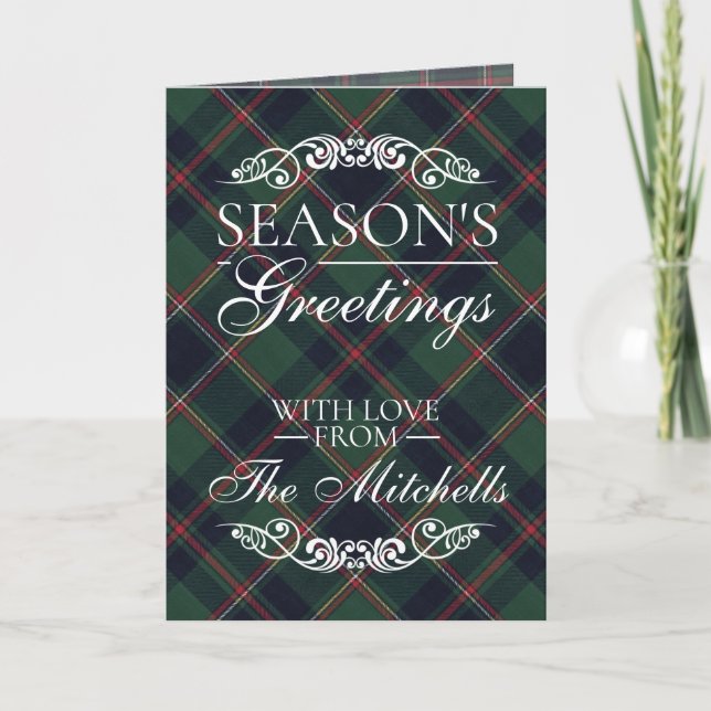 Classic Dark Blue Red Green Plaid Pattern Holiday Card (Front)