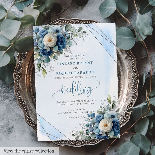 Classic Dark Blue Silver Roses Wedding Invitation (Classic Dark Blue Silver Roses Wedding Invitation)