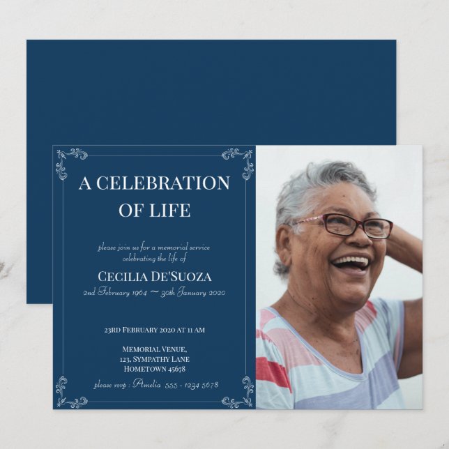 Classic Dark Blue Vintage Funeral Custom Photo Invitation (Front/Back)