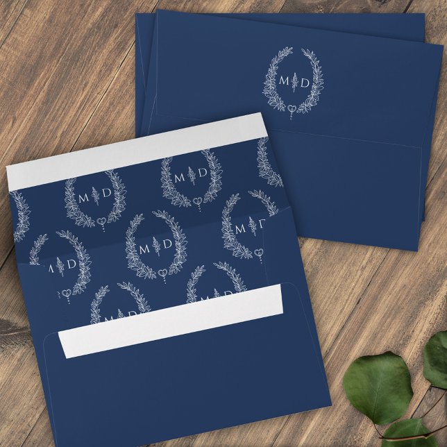 Classic dark blue white monogram wreath wedding  envelope (Creator Uploaded)