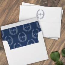 Classic dark blue white monogram wreath wedding