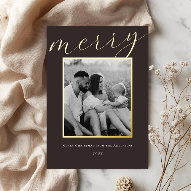 Classic Dark Brown and Gold Frame Family Photo Foil Holiday Card (Creator Uploaded)