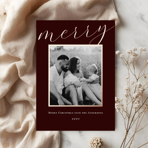 Classic Dark Burgundy and Gold Frame Family Photo Foil Holiday Card