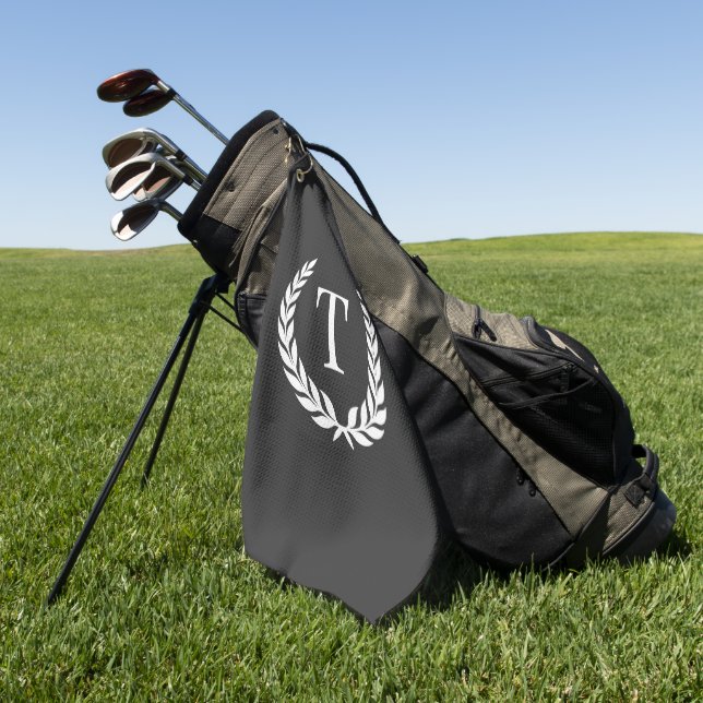 Classic Dark Gray & White Initial Laurel Monogram Golf Towel (Green)