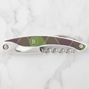 Classic Dark Green Argyle Pattern Monogram Corkscrew