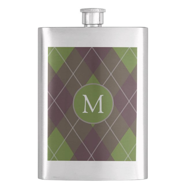 Classic Dark Green Argyle Pattern Monogram Hip Flask (Front)