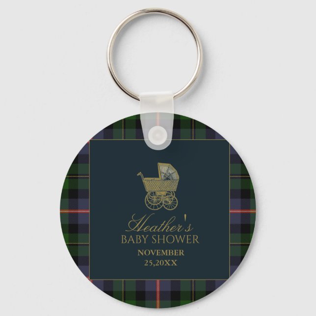 Classic Dark Green Blue Plaid Baby Shower Key Ring (Front)