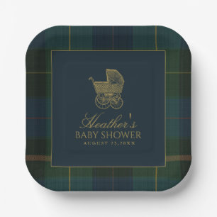Classic Dark Green & Blue Plaid Baby Shower Paper Plate