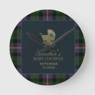 Classic Dark Green Blue Plaid Baby Shower Round Clock