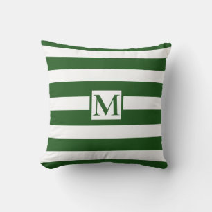 Classic dark green evergreen white strips monogram cushion