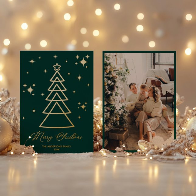 Classic Dark Green Gold Christmas Tree Photo Foil Holiday Card (Creator Uploaded)