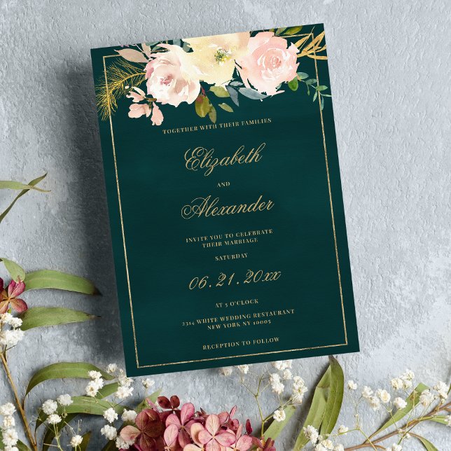 Classic dark green gold pink coral floral wedding invitation (Classic dark green gold pink coral floral wedding)