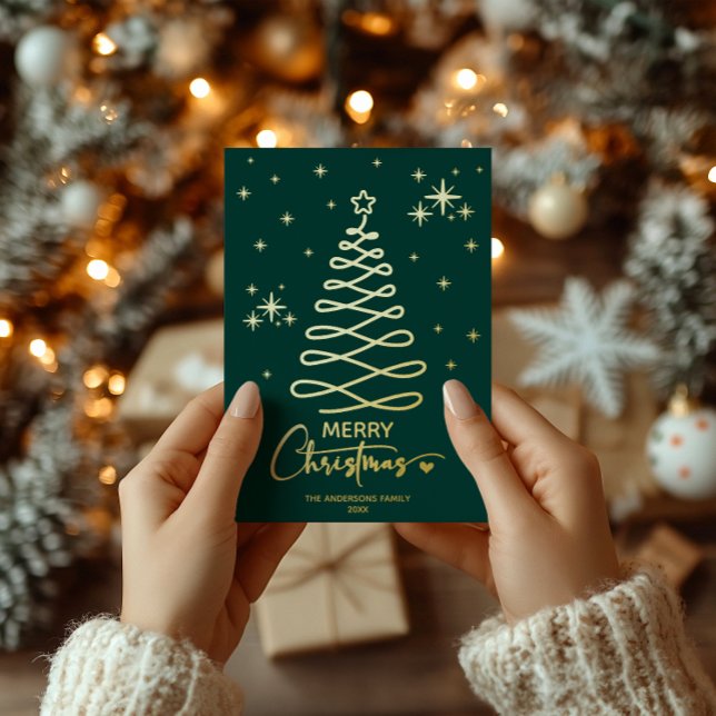 Classic Dark Green Gold Ribbon Tree Christmas Foil Holiday Card (Creator Uploaded)
