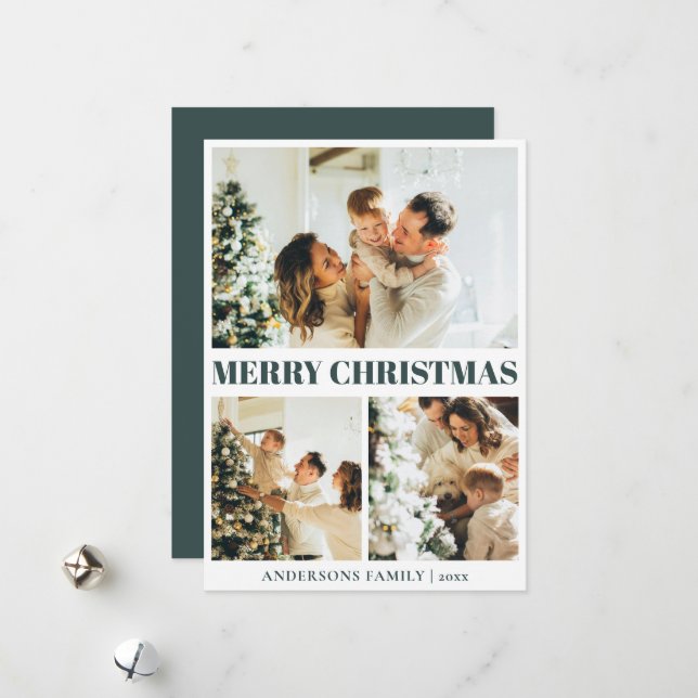 Classic Dark Green Minimal Christmas Photo Grid Holiday Card (Front/Back In Situ)
