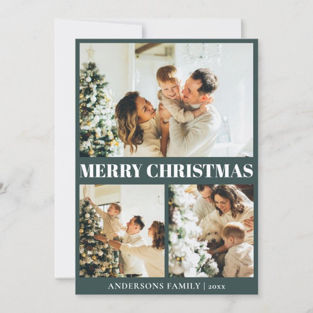 Classic Dark Green Minimal Christmas Photo Grid Holiday Card (Front)