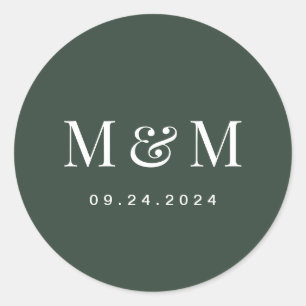 Classic Dark Green Monogram Typography Wedding Round Sticker