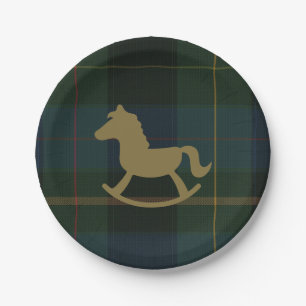 Classic Dark Green Plaid Equestrian Baby Shower Paper Plate