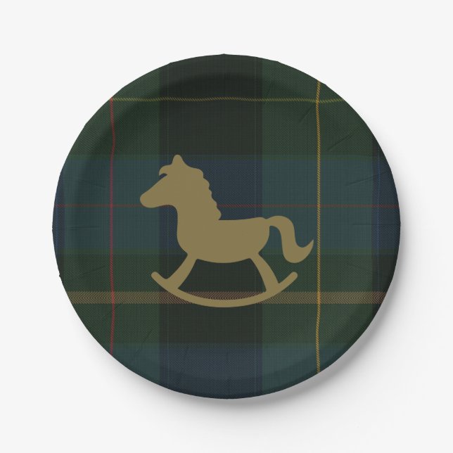 Classic Dark Green Plaid Equestrian Baby Shower Paper Plate (Front)