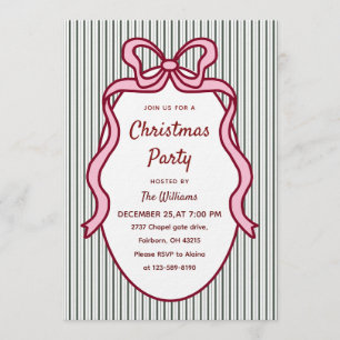 Classic Dark Green Stripes & Pink Bow Christmas Invitation