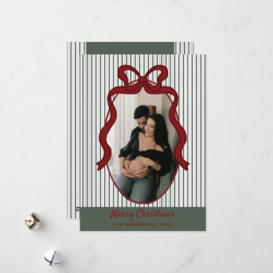 Classic Dark Green Stripes & Red Bow Christmas Holiday Card